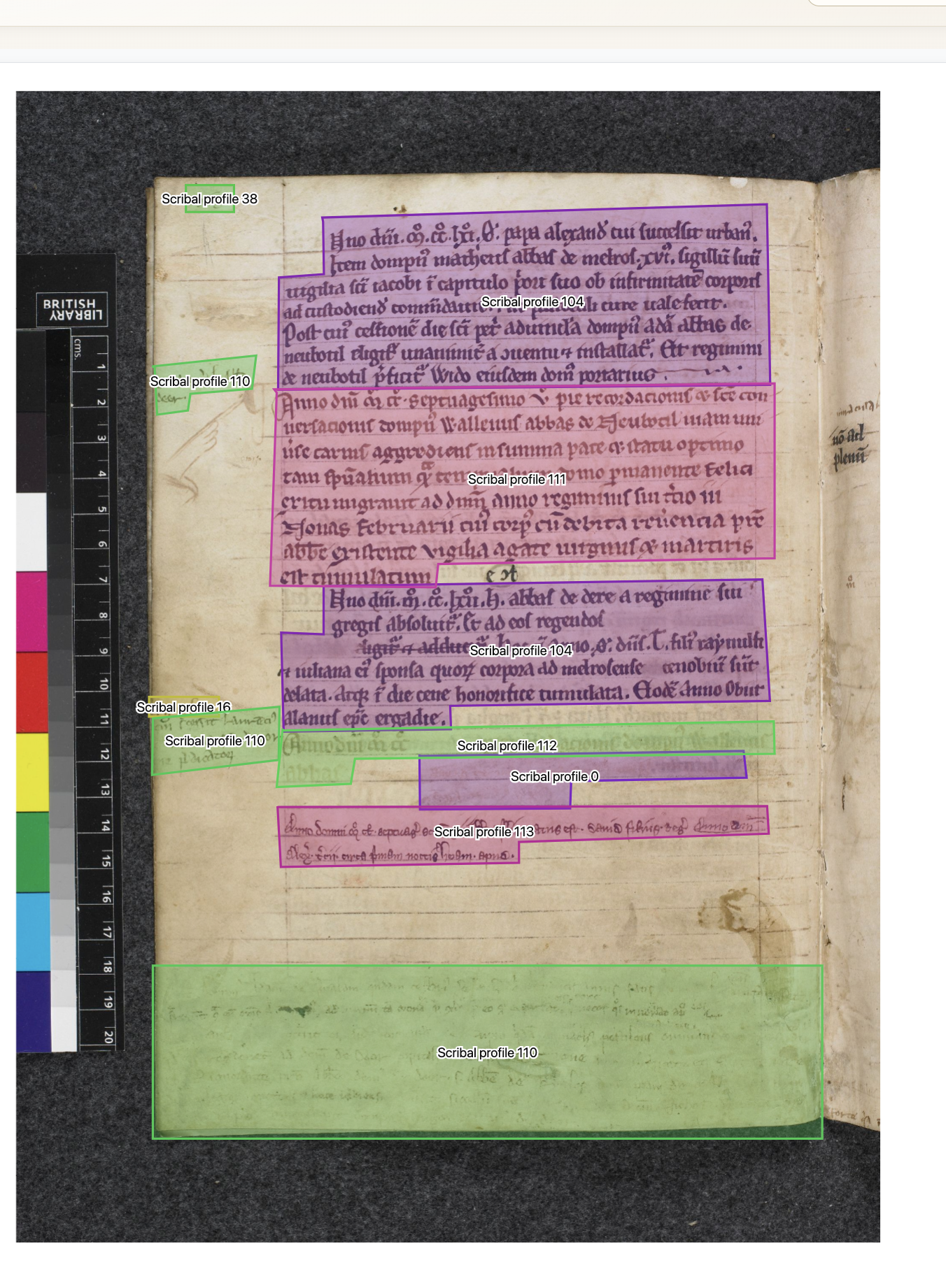 Marked up scribal profiles (Cotton MS Faustina B IX, f. 60v)